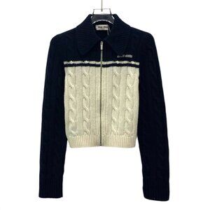 Miu Miu Navy & White Cable Knit Wool Blend Cropped Sweater Jacket Size 36 XS Mad
